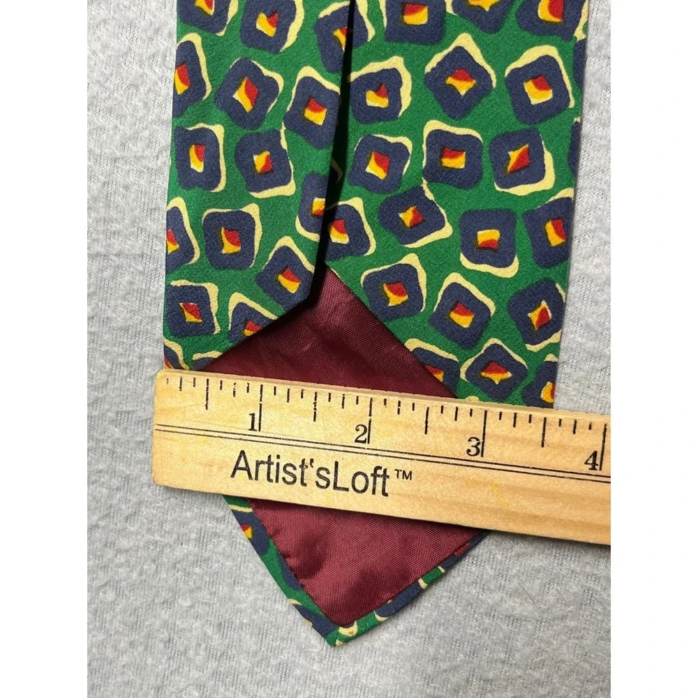 Polo Ralph Lauren Silk Tie Mens Green Blue Yellow Geometric Square Pattern USA
